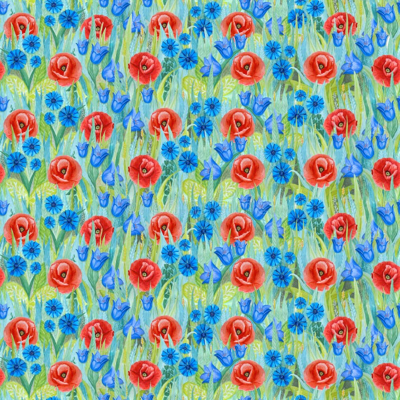 Modello di fiori senza cuciture: papavero, fiordaliso, campanula, sull'erba royalty illustrazione gratis Modello di fiori senza cuciture: papavero, fiordaliso, campanula, sull'erba royalty illustrazione gratis