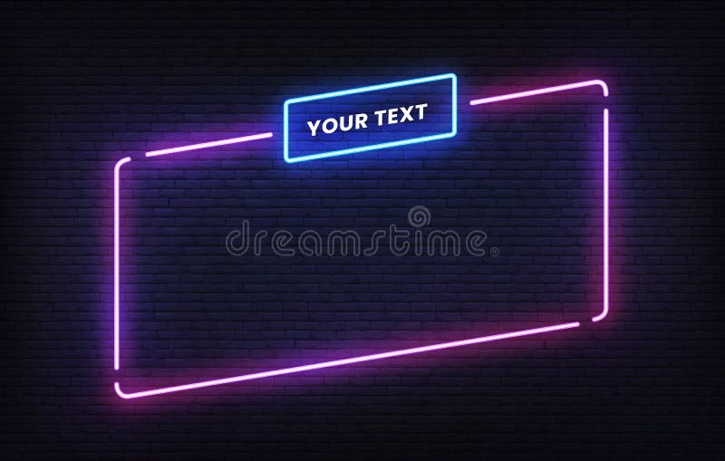 Modello di frame neon con segnaposto. modello struttura banner con inclina viola. segnalibro del rettangolo luminoso del vettore illustrazione di stock