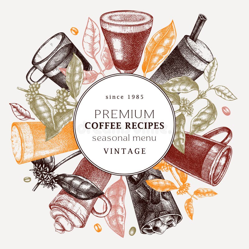 Modello di ghirlanda di caffè con disegno a mano in colori. sketch vettoriali di boccette con bevande aromatiche al mattino. con c royalty illustrazione gratis
