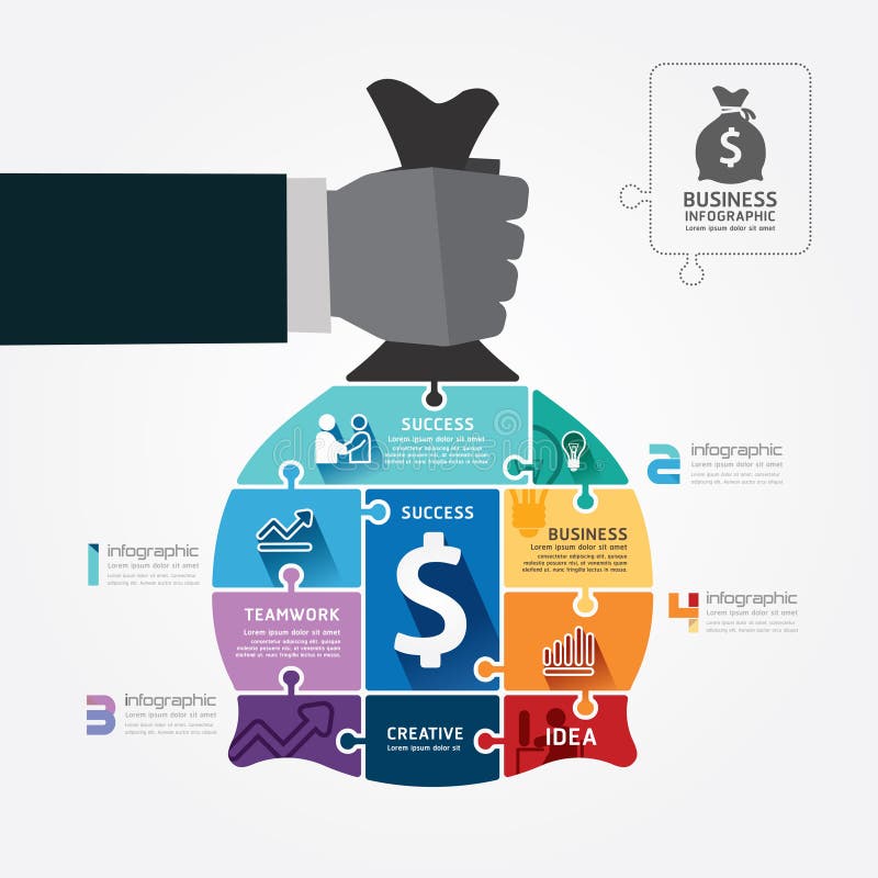 Modello di Infographic con il puzzle della borsa dei soldi della tenuta della mano dell'uomo d'affari illustrazione vettoriale