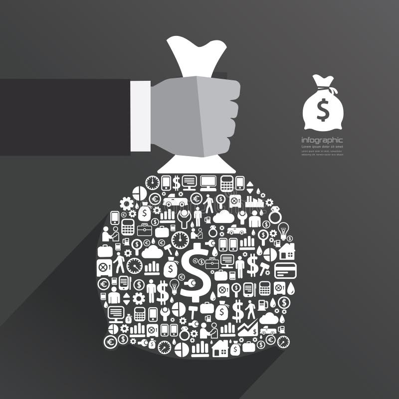 Modello di Infographic con le icone della borsa dei soldi della tenuta della mano dell'uomo d'affari royalty illustrazione gratis