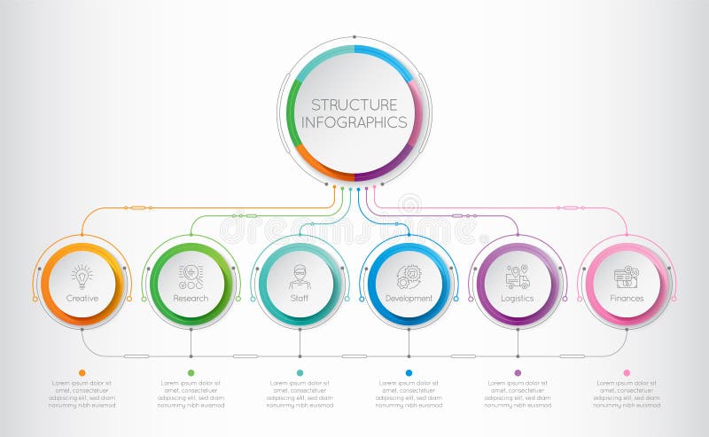 Modello di Infographics con gli elementi di sei strutture dell'affare