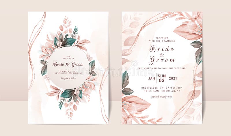 Modello di invito per matrimoni floreali con decorazione di foglie marroni eleganti. concetto di progettazione di carte botaniche royalty illustrazione gratis
