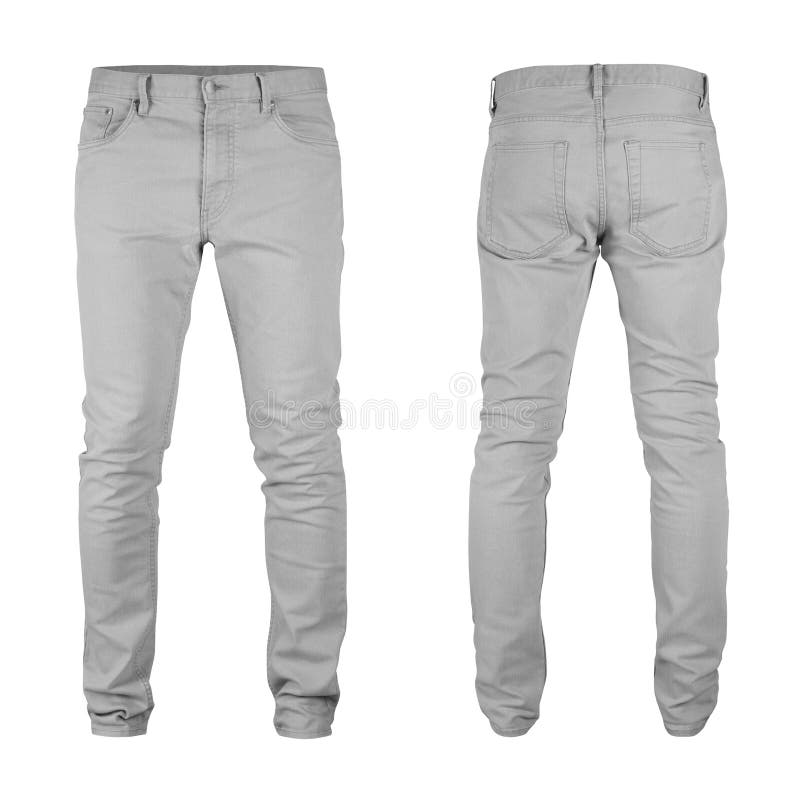 Modello di jeans grigio chiaro per uomo, da due lati, forma naturale sul manichino invisibile, per la sua preparazione per la sta