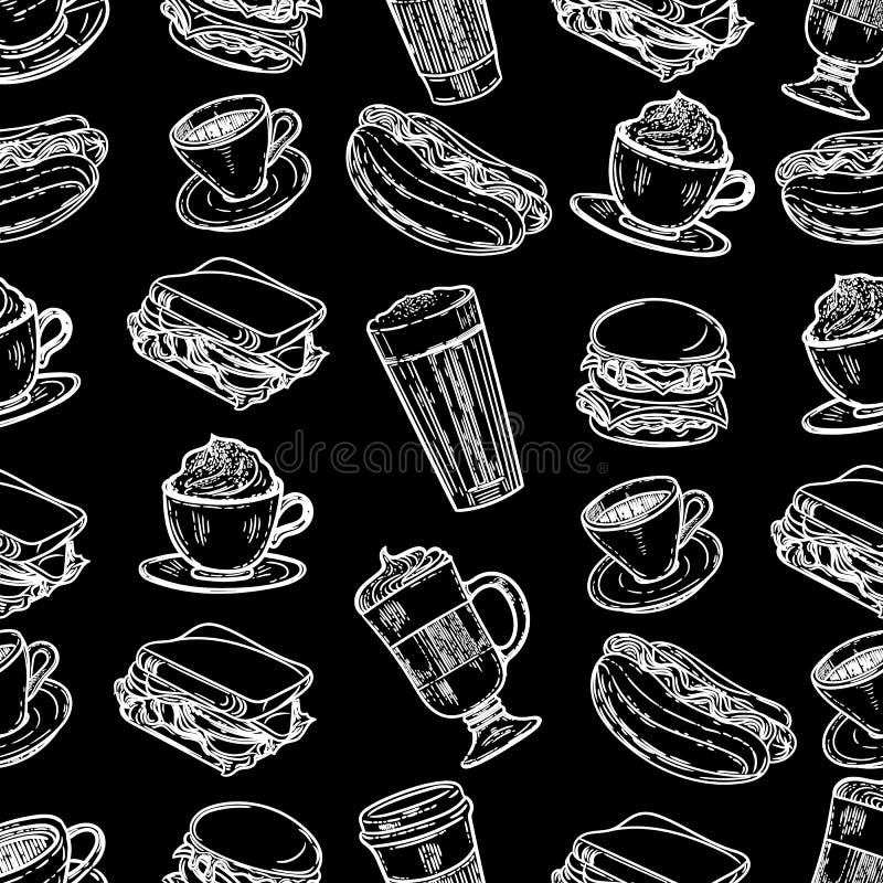 Modello di latte, di cappuccino, dell'hamburger, dell'hamburger, dell'hot dog, del frappe, del americano del caffè espresso e del royalty illustrazione gratis Modello di latte, di cappuccino, dell'hamburger, dell'hamburger, dell'hot dog, del frappe, del americano del caffè espresso e del royalty illustrazione gratis