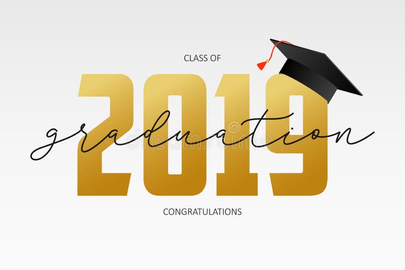Modello di laurea della carta Una classe di 2019 - insegna con i numeri ed il tocco dell'oro Concetto delle congratulazioni per l illustrazione di stock Modello di laurea della carta Una classe di 2019 - insegna con i numeri ed il tocco dell'oro Concetto delle congratulazioni per l illustrazione di stock