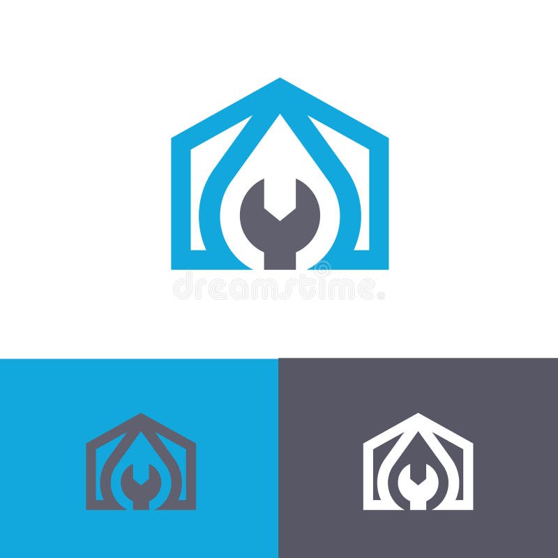 Modello di logo della chiave a cascata. Combinazione di una goccia d'acqua a forma di casa e chiave. modello di logo vettoriale ridotto al minimo e moderno. il logo è perfetto per le aziende idrauliche.