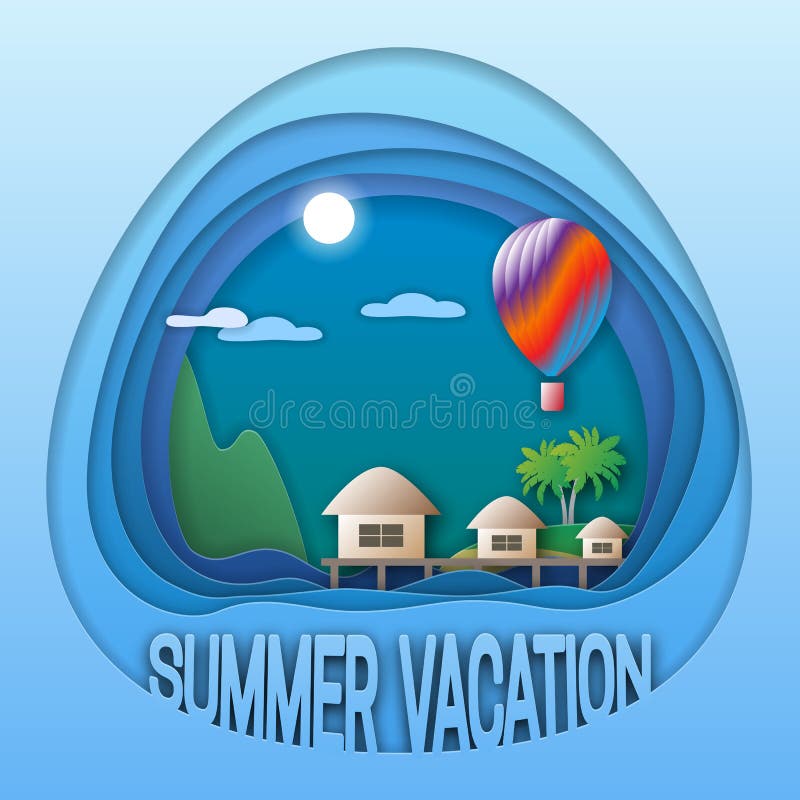 Modello di logo di vacanze estive Località di soggiorno del mare con i bungalow, il pallone, le palme e la montagna illustrazione di stock Modello di logo di vacanze estive Località di soggiorno del mare con i bungalow, il pallone, le palme e la montagna illustrazione di stock