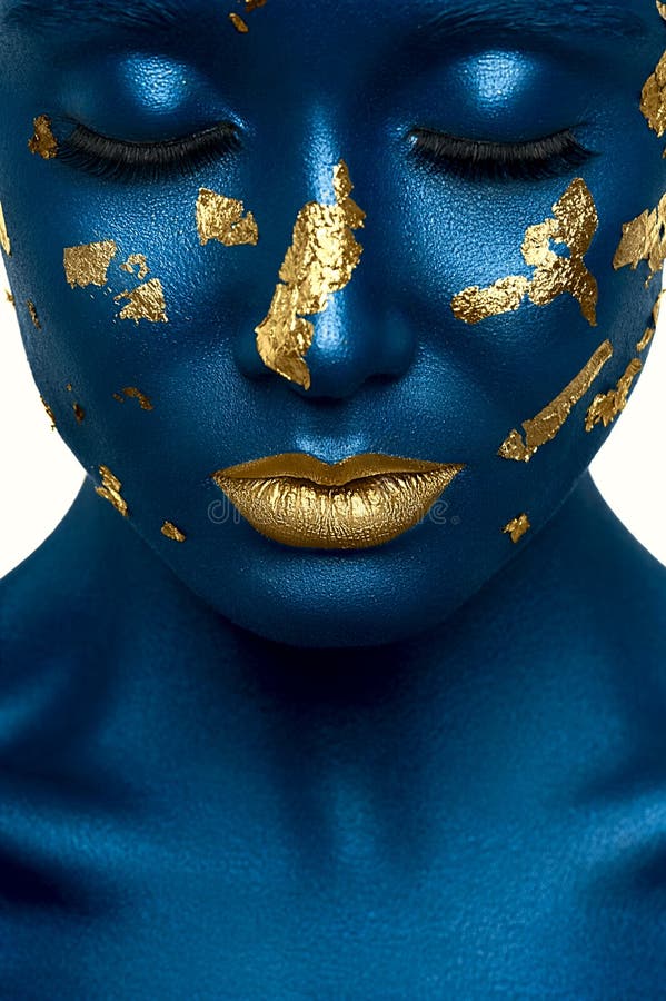 Modello di moda di bellezza con le labbra blu dell'oro e della pelle