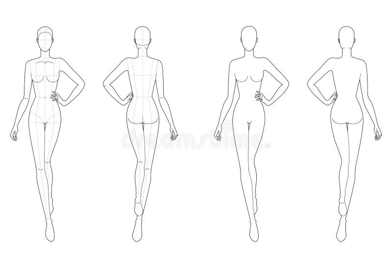 Modello di moda per donne che camminano. Modella di moda delle donne che camminano con mano sulla vita di 9 testine per un disegno tecnico con linee principali Vista frontale e posteriore della figura femminile Ragazza di profilo vettoriale per sketch di moda e illustrazioni