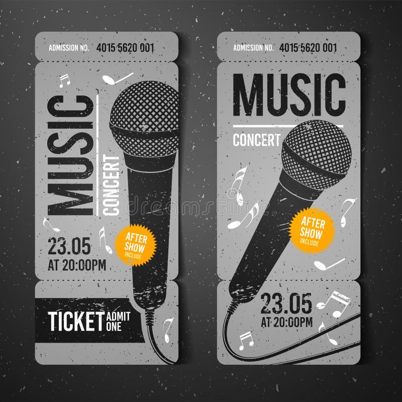 Modello di progettazione del biglietto di evento di concerto di musica dell'illustrazione di vettore con il microfono e retro eff illustrazione vettoriale