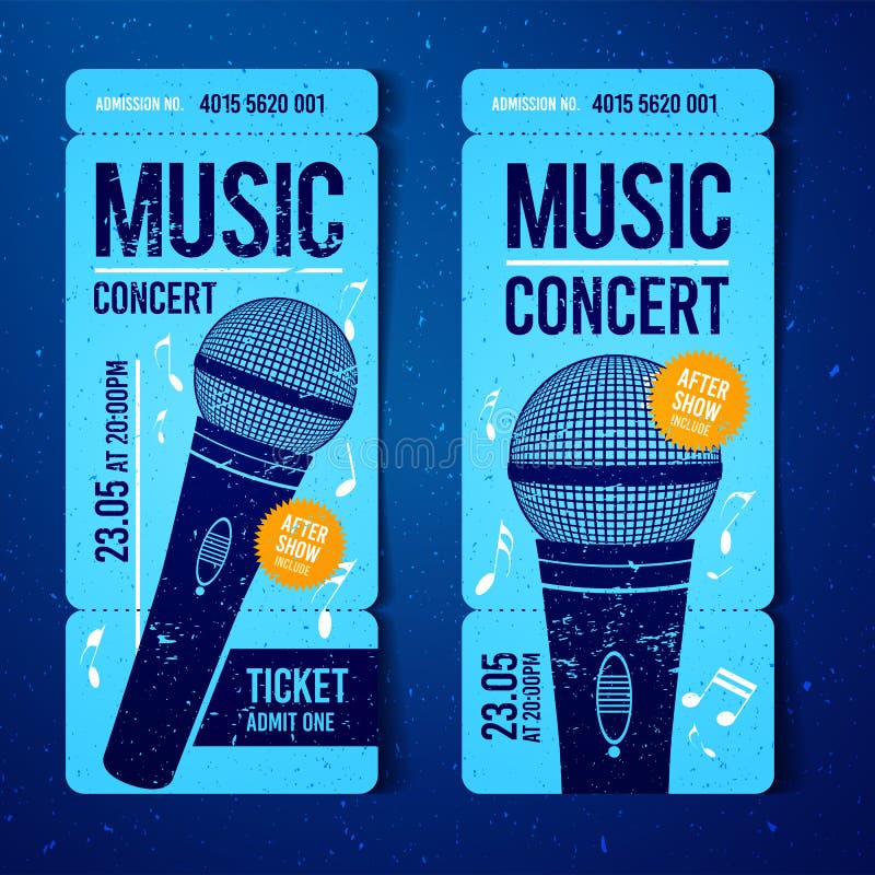 Modello di progettazione del biglietto di evento di concerto di musica dell'illustrazione di vettore con il microfono fresco e gl illustrazione di stock