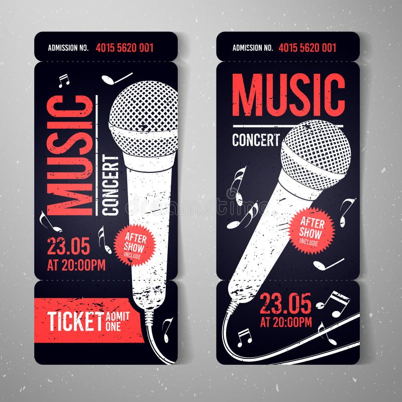 Modello di progettazione del biglietto di evento di concerto di musica dell'illustrazione di vettore con il microfono fresco e gl royalty illustrazione gratis