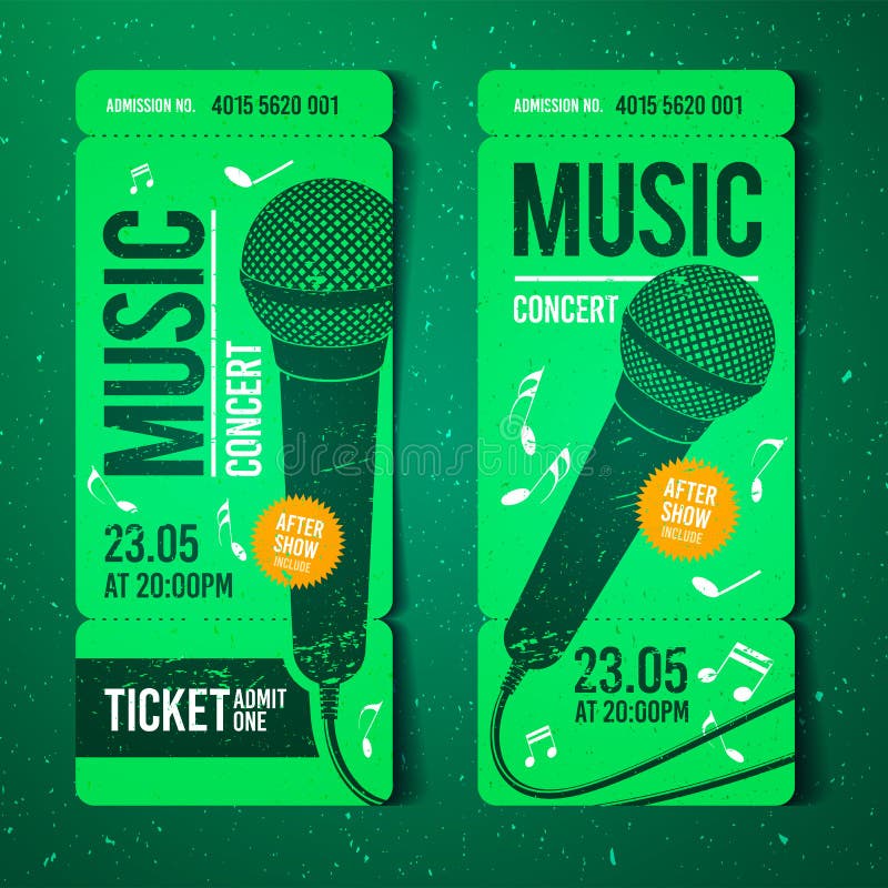 Modello di progettazione del biglietto di evento di concerto di musica dell'illustrazione di vettore con il microfono fresco e gl royalty illustrazione gratis