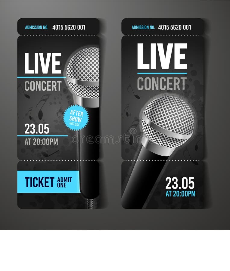 Modello di progettazione del biglietto di evento di concerto di musica dell'illustrazione di vettore con il microfono fresco e gl illustrazione vettoriale