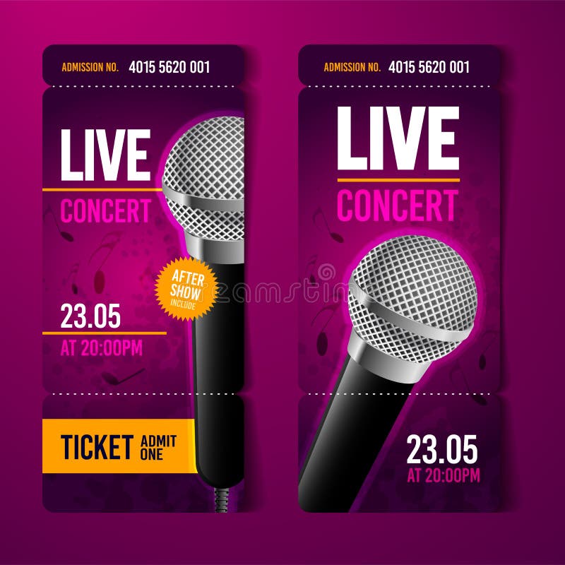 Modello di progettazione del biglietto di evento di concerto di musica dell'illustrazione di vettore con il microfono fresco e gl illustrazione di stock
