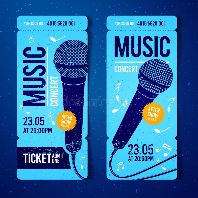 Modello di progettazione del biglietto di evento di concerto di musica dell'illustrazione di vettore con il microfono fresco e gl illustrazione di stock