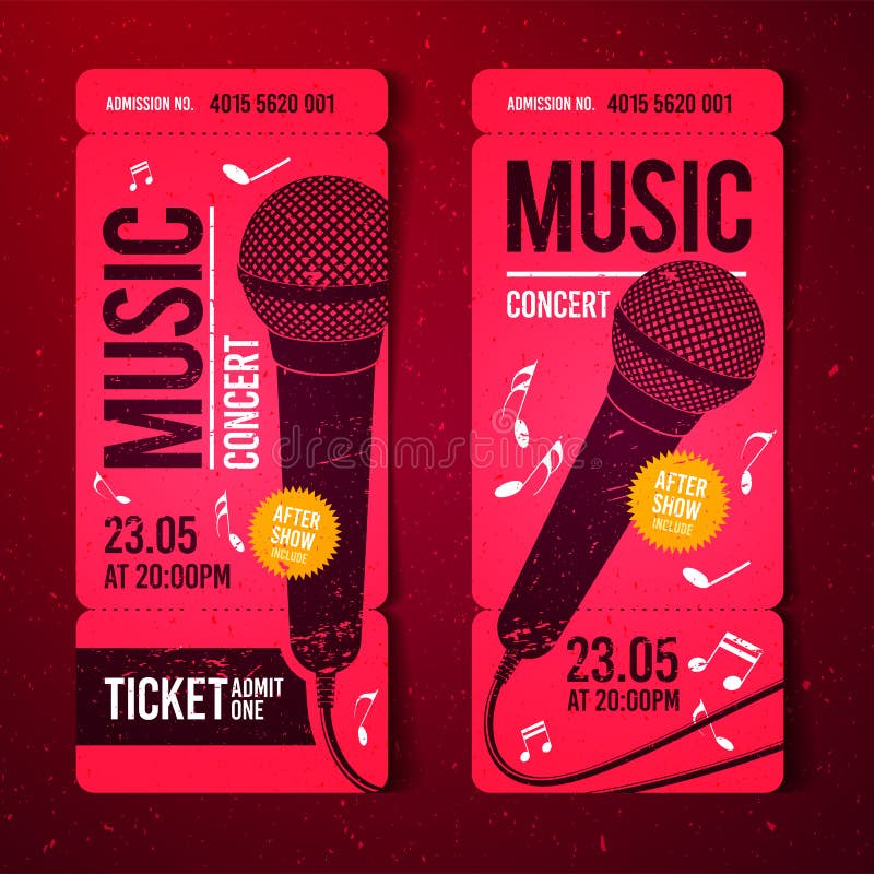 Modello di progettazione del biglietto di evento di concerto di musica dell'illustrazione di vettore con il microfono fresco e gl royalty illustrazione gratis