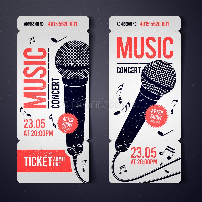 Modello di progettazione del biglietto di evento di concerto di musica dell'illustrazione di vettore con il microfono fresco e gl royalty illustrazione gratis