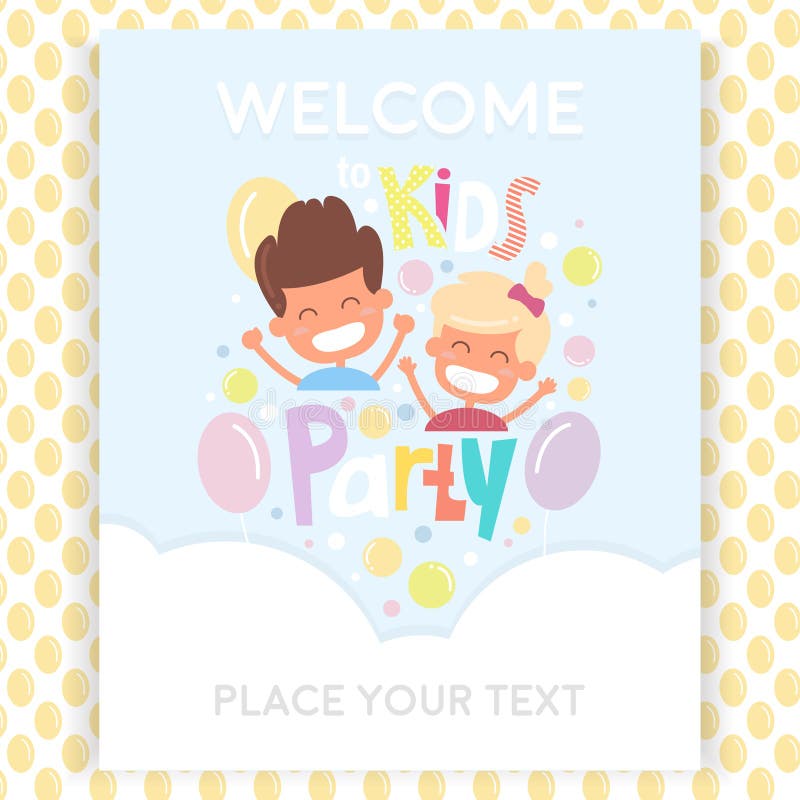 Modello di progettazione dell'invito del partito dei bambini con i bambini felici Modello senza cuciture con i palloni in campion illustrazione vettoriale Modello di progettazione dell'invito del partito dei bambini con i bambini felici Modello senza cuciture con i palloni in campion illustrazione vettoriale