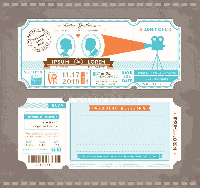 Modello di progettazione dell'invito di nozze del biglietto di film illustrazione di stock Modello di progettazione dell'invito di nozze del biglietto di film illustrazione di stock