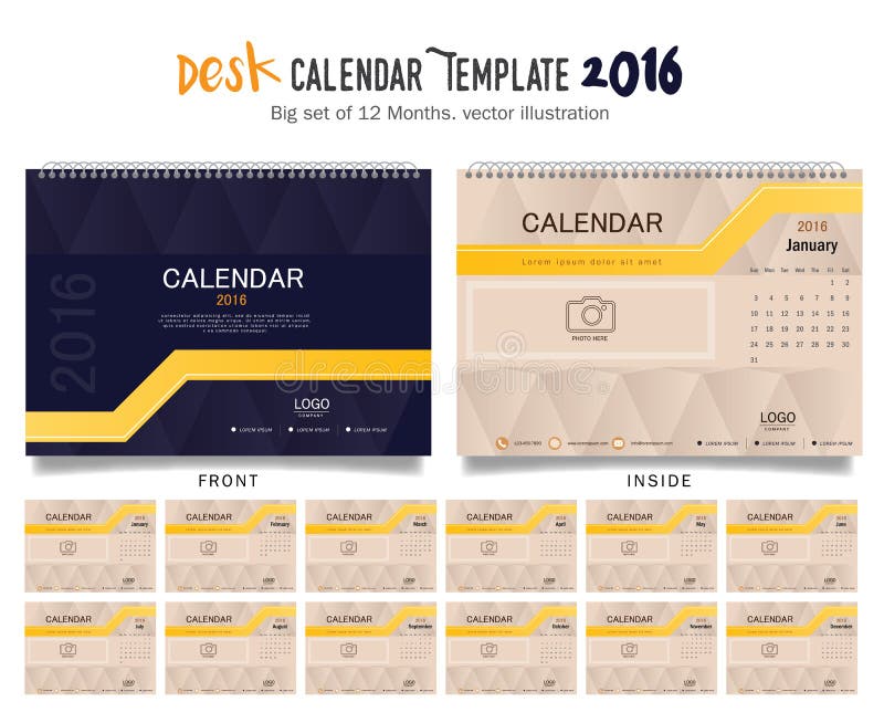 Modello di progettazione di vettore del calendario da scrivania 2016 Un grande insieme di 12 mesi La settimana comincia domenica illustrazione vettoriale Modello di progettazione di vettore del calendario da scrivania 2016 Un grande insieme di 12 mesi La settimana comincia domenica illustrazione vettoriale