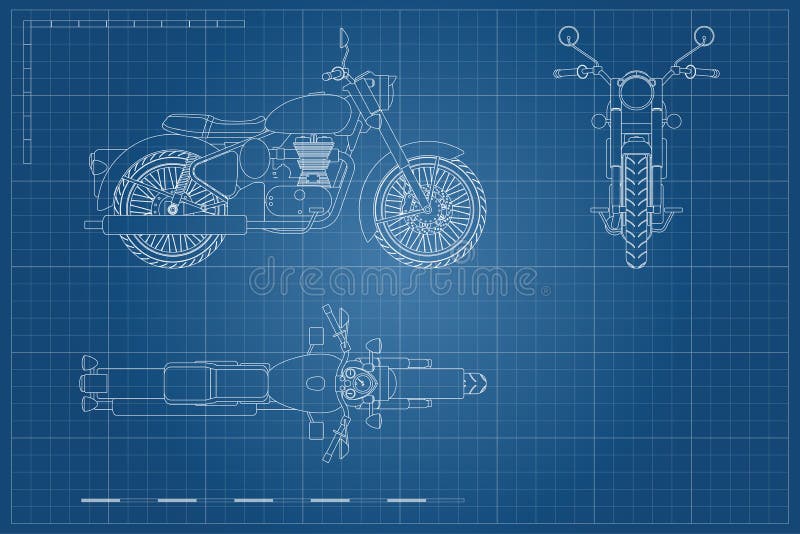 Modello di retro motociclo classico nello stile del profilo Vista frontale superiore e del lato, Disegno industriale della motoci illustrazione vettoriale