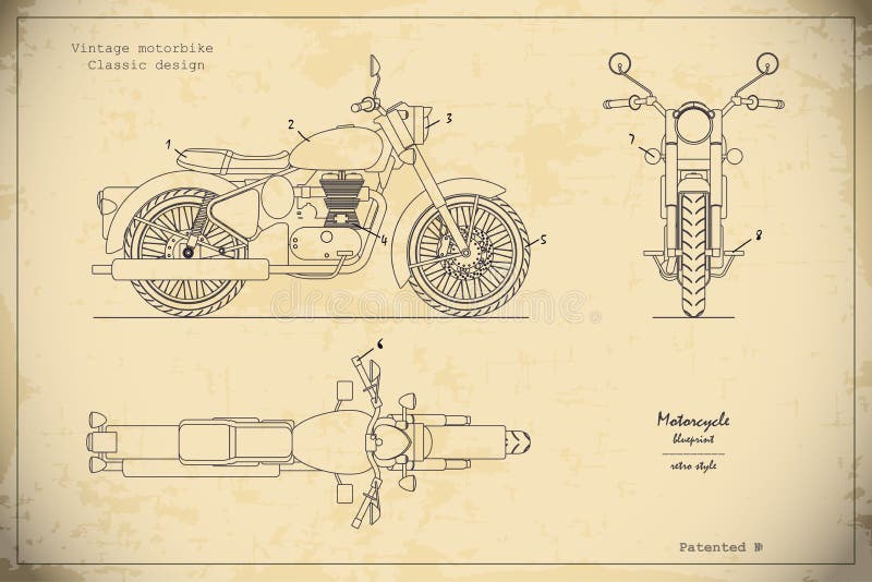 Modello di retro motociclo classico nello stile del profilo Vista frontale superiore e del lato, Disegno industriale della motoci royalty illustrazione gratis