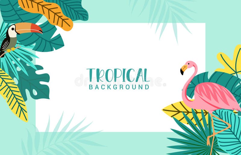 Modello di sfondo del ciclo estivo tropicale. Biglietto di auguri estivi con flamingo toucan e foglie colorate royalty illustrazione gratis