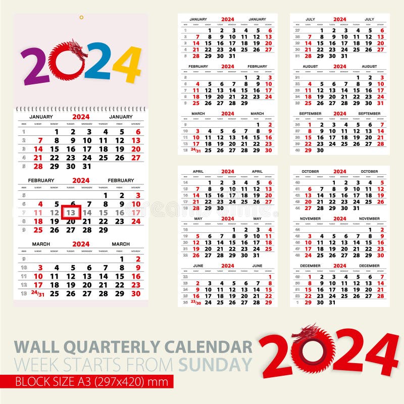 Print template of wall quarterly calendar for 2024 year. Year of the Tiger. Week starts from Sunday. Print template of wall quarterly calendar for 2024 year. Year of the Tiger. Week starts from Sunday