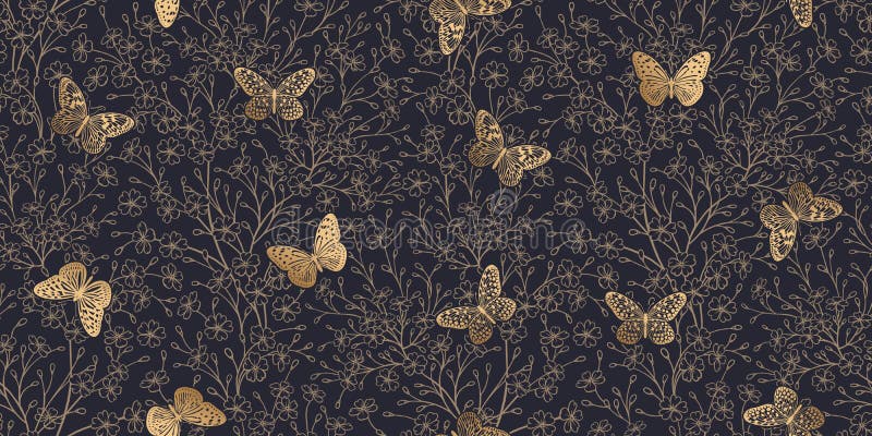Modello di vintage senza saldatura. fiori e farfalle carini. stampa in fogli d'oro royalty illustrazione gratis