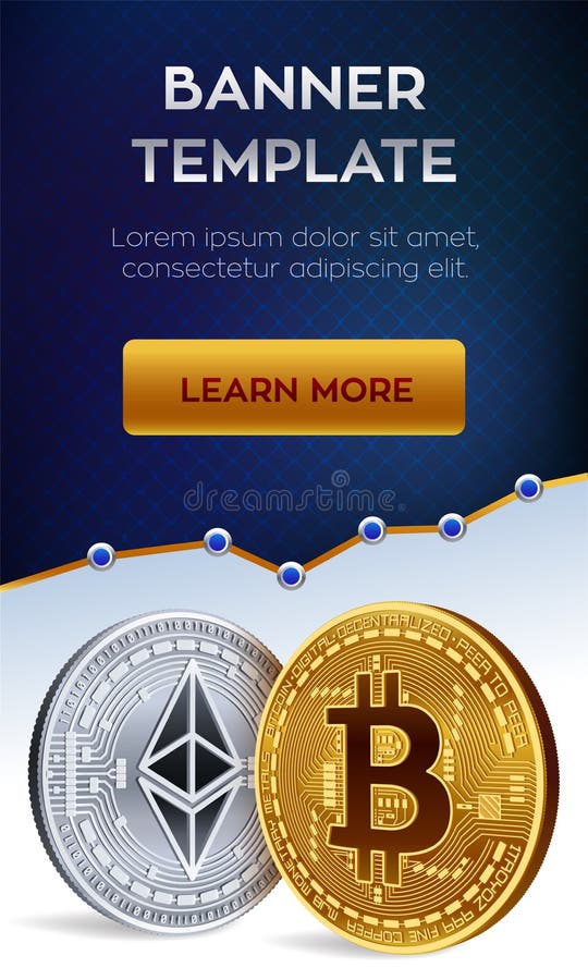 Modello editabile dell'insegna di Cryptocurrency Bitcoin Ethereum monete fisiche isometriche del pezzo 3D Coi dorato di Ethereum illustrazione di stock