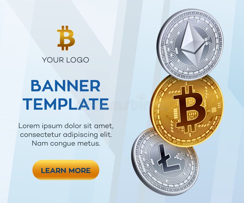 Modello editabile dell'insegna di valuta cripto Bitcoin, Ethereum, Litecoin monete fisiche isometriche 3D Moneta dorata di Bitcoi illustrazione vettoriale