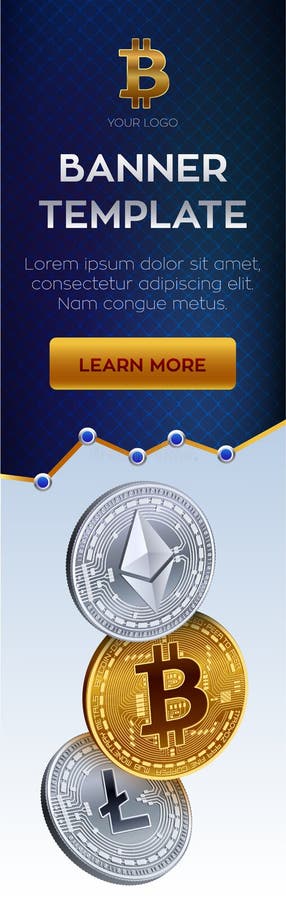 Modello editabile dell'insegna di valuta cripto Bitcoin, Ethereum, Litecoin monete fisiche isometriche 3D Moneta dorata di Bitcoi illustrazione vettoriale