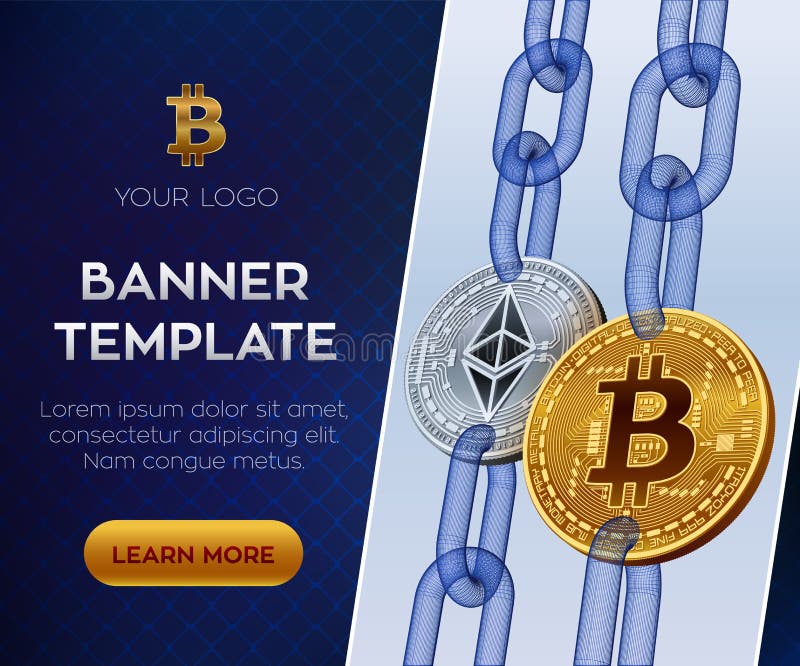Modello editabile dell'insegna di valuta cripto Bitcoin Ethereum monete fisiche isometriche del pezzo 3D Bitcoin ed argento dorat illustrazione vettoriale