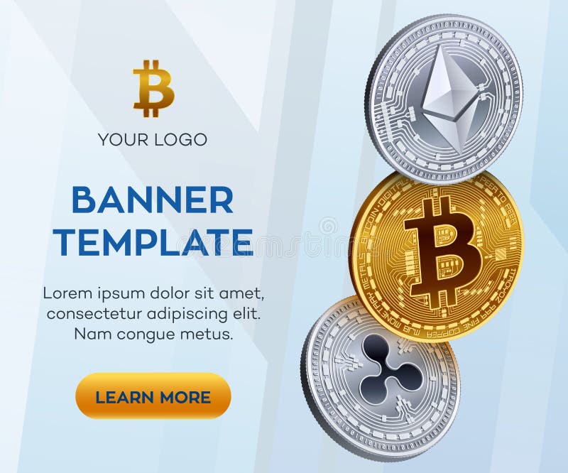 Modello editabile dell'insegna di valuta cripto Bitcoin, Ethereum, ondulazione monete fisiche isometriche 3D Moneta dorata di Bit illustrazione di stock