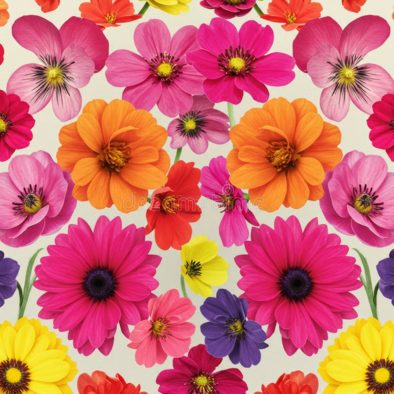 Modello floreale a colori vibrante con fiori di colore giallo arancio rosso viola illustrazione vettoriale