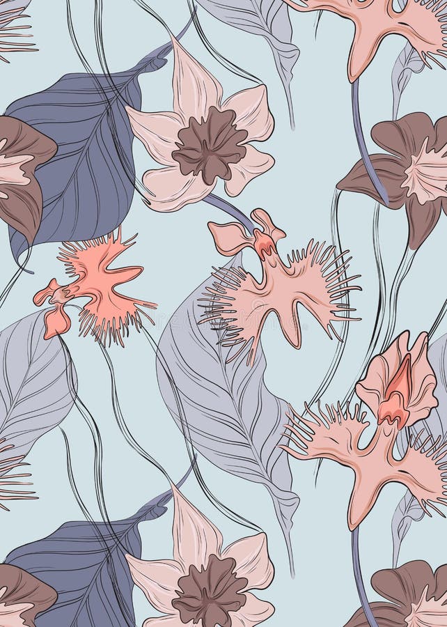 Modello floreale dell'orchidea di vettore Stampa botanica del fiore tenero di ripetizione con le foglie Decorazione esotica natur illustrazione di stock Modello floreale dell'orchidea di vettore Stampa botanica del fiore tenero di ripetizione con le foglie Decorazione esotica natur illustrazione di stock
