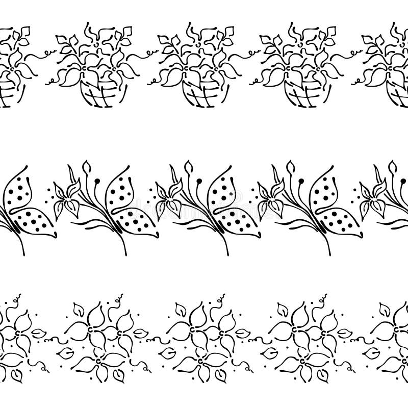 Modello floreale disegnato a mano di vettore senza cuciture, struttura variopinta del confine senza fine con i fiori, foglie, far royalty illustrazione gratis Modello floreale disegnato a mano di vettore senza cuciture, struttura variopinta del confine senza fine con i fiori, foglie, far royalty illustrazione gratis