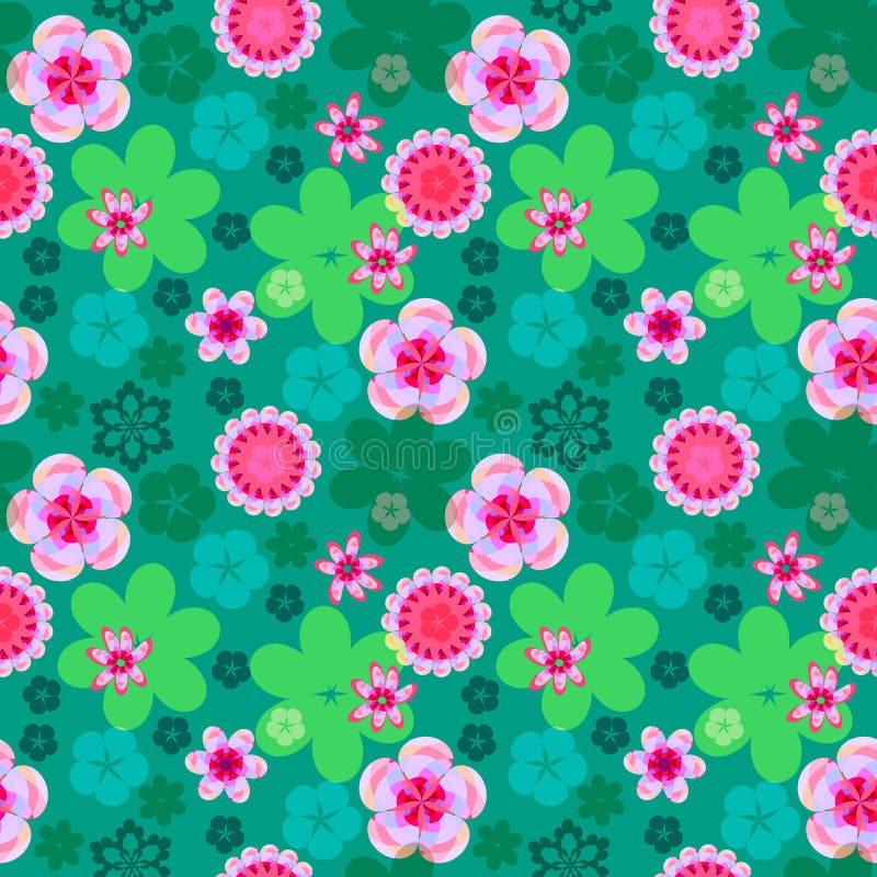 Modello floreale senza cuciture dei fiori rosa su un fondo verde intenso, fondo primavera-estate illustrazione di stock Modello floreale senza cuciture dei fiori rosa su un fondo verde intenso, fondo primavera-estate illustrazione di stock