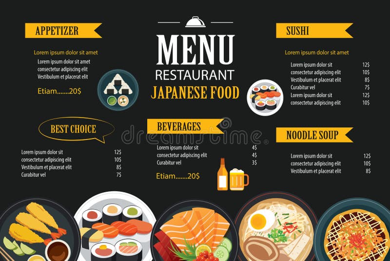 Modello giapponese di progettazione dell'opuscolo del ristorante del menu dell'alimento illustrazione di stock