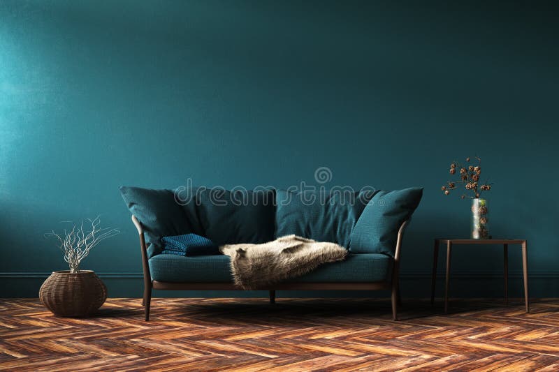 Modello interno domestico con il sofà, la tavola e la decorazione verdi in salone fotografia stock libera da diritti