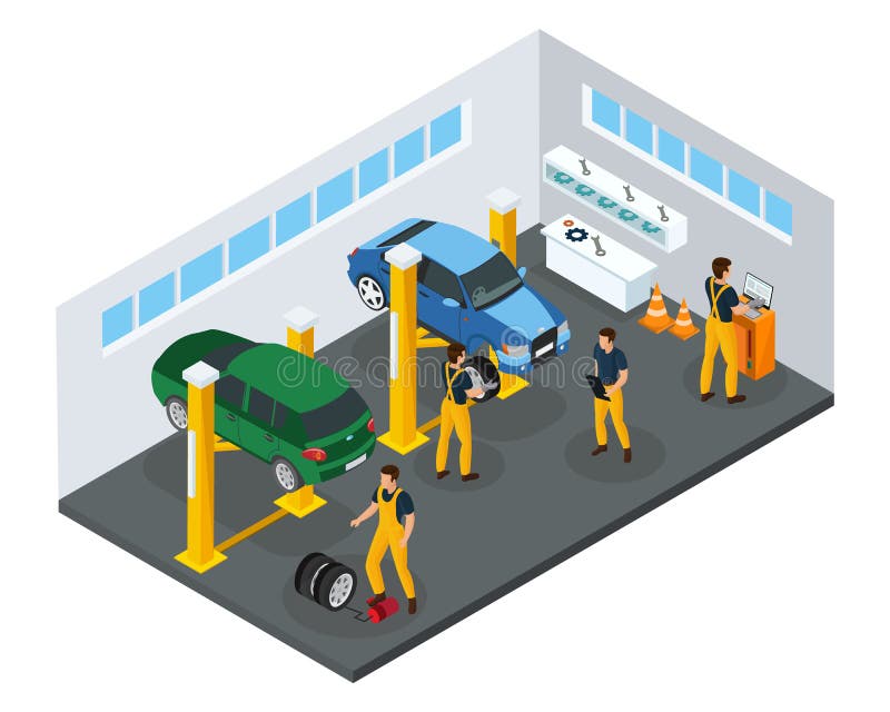 Modello isometrico di servizio di riparazione dell'automobile illustrazione vettoriale Modello isometrico di servizio di riparazione dell'automobile illustrazione vettoriale