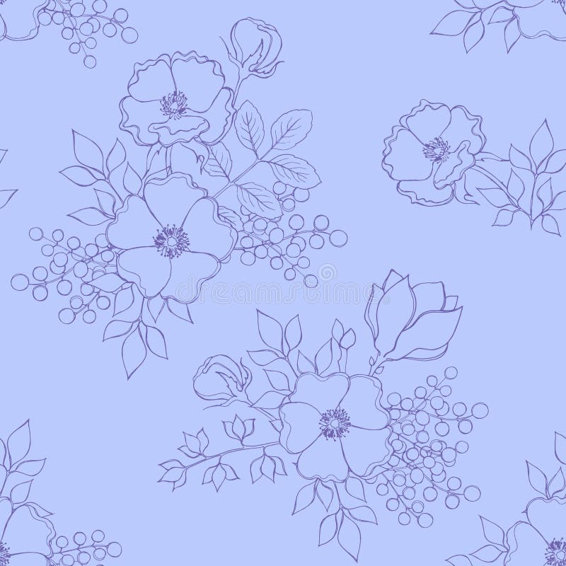 Modello lilla leggero senza cuciture con i fiori e le foglie disegnati a mano illustrazione di stock Modello lilla leggero senza cuciture con i fiori e le foglie disegnati a mano illustrazione di stock