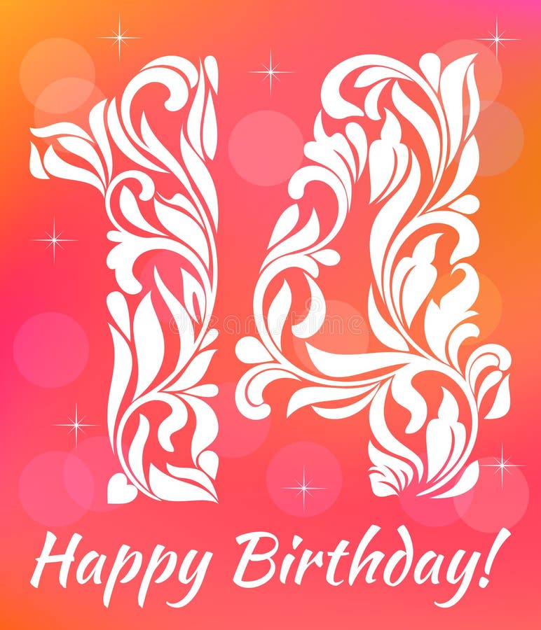 Modello luminoso dell'invito della cartolina d'auguri Celebrando 14 anni di compleanno Fonte tipografica decorativa illustrazione vettoriale Modello luminoso dell'invito della cartolina d'auguri Celebrando 14 anni di compleanno Fonte tipografica decorativa illustrazione vettoriale