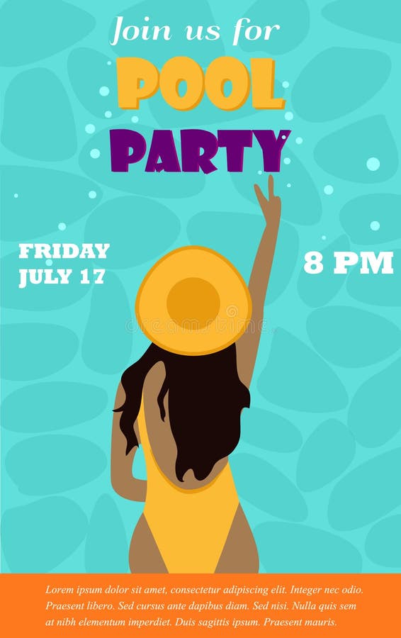 Modello luminoso dell'invito per la festa in piscina con la ragazza royalty illustrazione gratis Modello luminoso dell'invito per la festa in piscina con la ragazza royalty illustrazione gratis