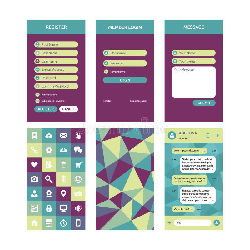 Modello mobile di vettore dell'interfaccia nello stile piano per i progetti di progettazione materiali Elementi del corredo di UI illustrazione vettoriale