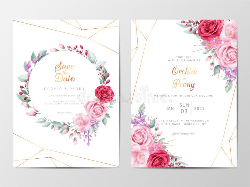 Modello moderno per le carte d'invito per matrimoni floreali con decorazioni per fiori