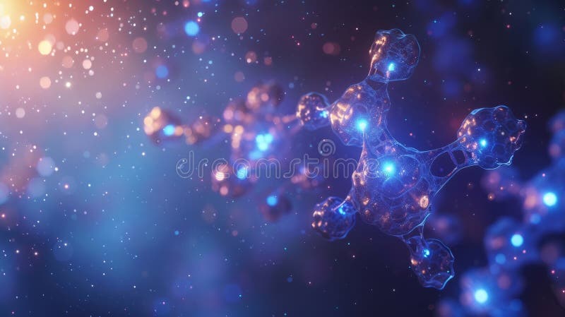 Modello molecolare blu trasparente : rappresentazione astratta della struttura molecolare. Questa immagine mostra un modello astratto di una molecola blu trasparente che ne mostra la complessa struttura molecolare. il modello serve da paracadute che fornisce una rappresentazione visiva della composizione e della disposizione molecolare nello spazio allocato. la natura traslucida della molecola ne sottolinea la complessità e l'eleganza. ideale per illustrare concetti relativi alla biologia chimica ricerca scientifica e innovazione. spazio di copia. derivazione