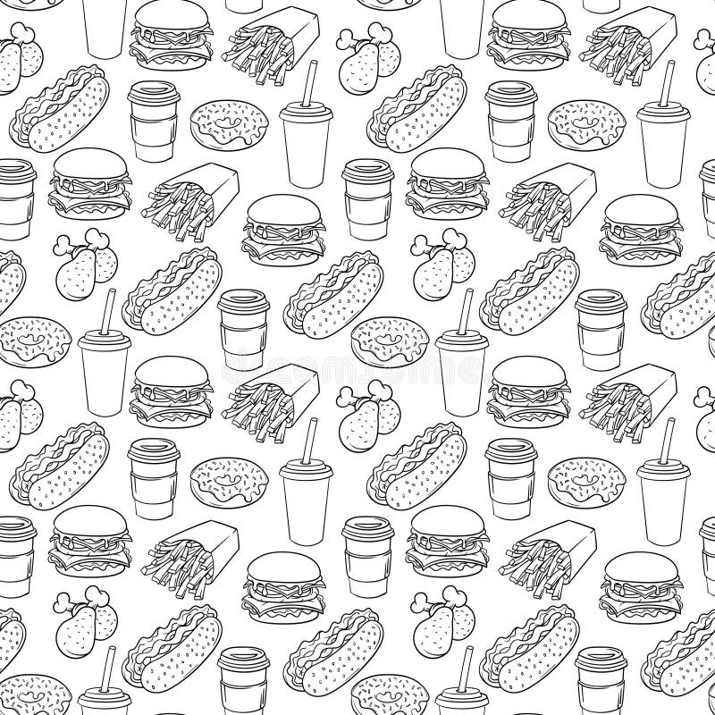 Modello monocromatico degli alimenti a rapida preparazione di Pop art disegnato a mano di vettore illustrazione di stock